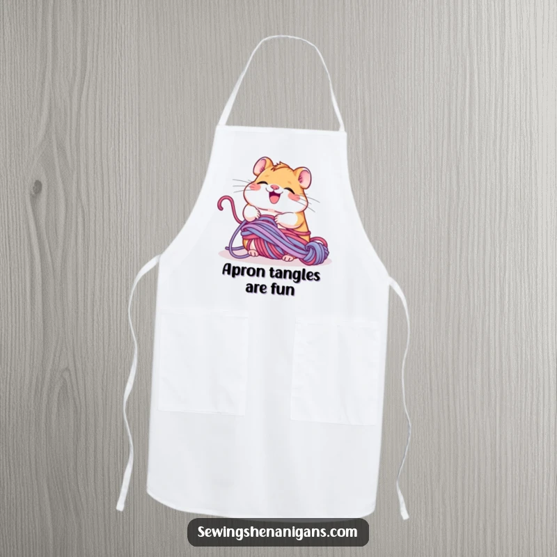 Funny giggling hamster tangled in yarn, happily unravelling it, a practical and humorous apron for crafters.
