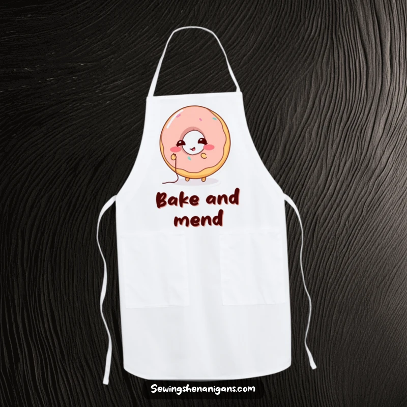 Funny Donut Stitching Apron: A giggling donut character attempting to stitch a hole, perfect for a funny cooking gift.