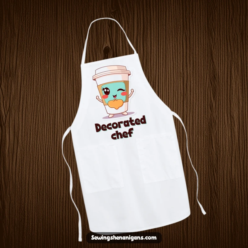Funny Winking Coffee Cup Apron: A winking coffee cup character displaying a colorful patch, perfect for a funny cooking gift.