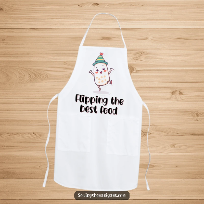 Funny thimble character apron doing a cartwheel, perfect for kitchen or craft fun and as a humorous funny gift.