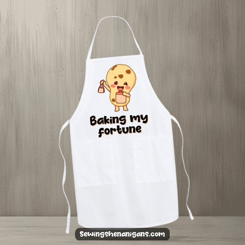 Funny Apron: A joyful cookie character proudly holding a tiny bag, keeping you clean with a side of sweet celebration.