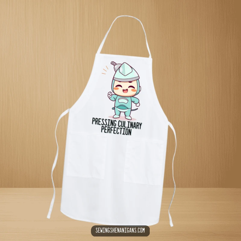 Funny apron with a determined iron character joyfully smoothing out wrinkles, perfect for a tidy cooking experience.