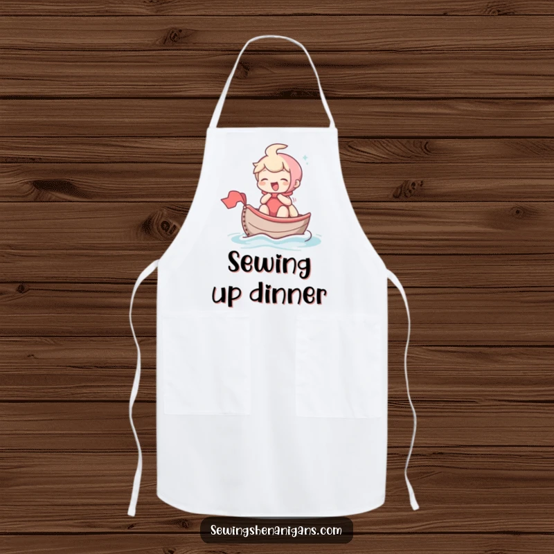 Funny apron depicting a laughing character sailing a thimble as a tiny boat across fabric, perfect for adding charm to cooking.