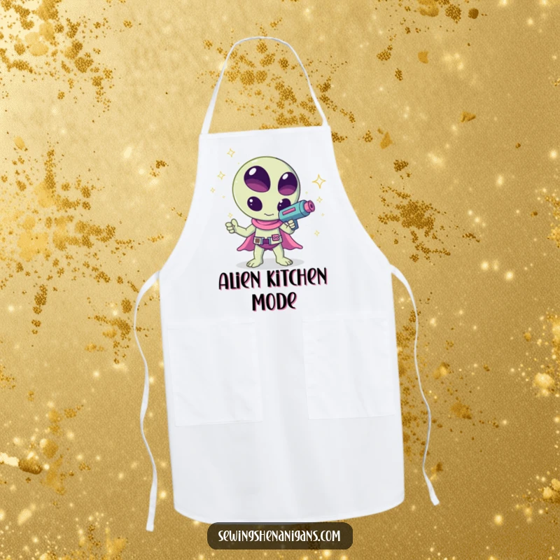 Funny kawaii alien waving a ray gun shooting sparkles, a humorous and cheerful design on this kitchen apron, great for cooking.
