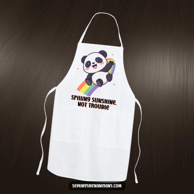 Funny Kawaii Panda apron featuring a panda sliding down a rainbow, bringing joy to the kitchen.
