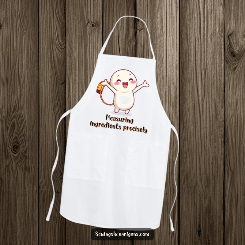 Funny Measuring Tape Apron showing a happy character in a full stretch, perfect for cooking or crafting activities with a playful vibe.