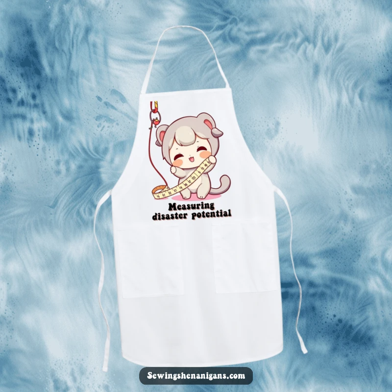 Funny apron showing a character playfully batting at a dangling measuring tape, perfect for keeping clothes clean with crafty humor.