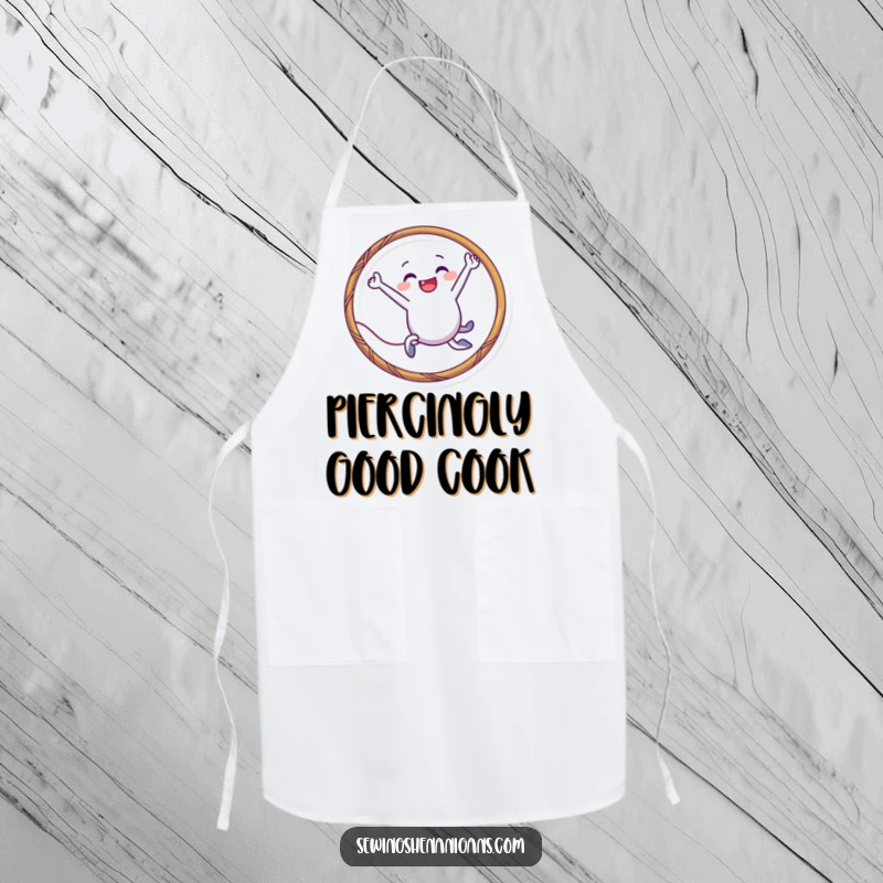 Funny needle character apron leaping through a thread hoop, perfect for kitchen or craft fun and as a humorous funny gift.