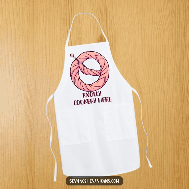 Funny Apron: A determined thread hilariously shapes a needle into a pretzel, a comical kitchen or craft accessory.