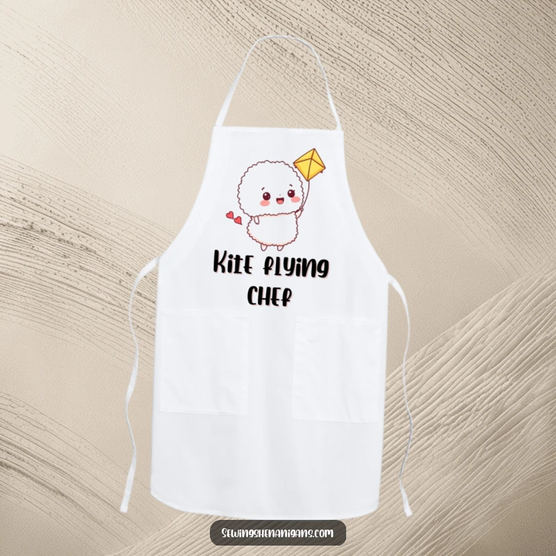 Funny Apron: A happy pincushion flies a fabric scrap kite, a humorous and practical sewing accessory.
