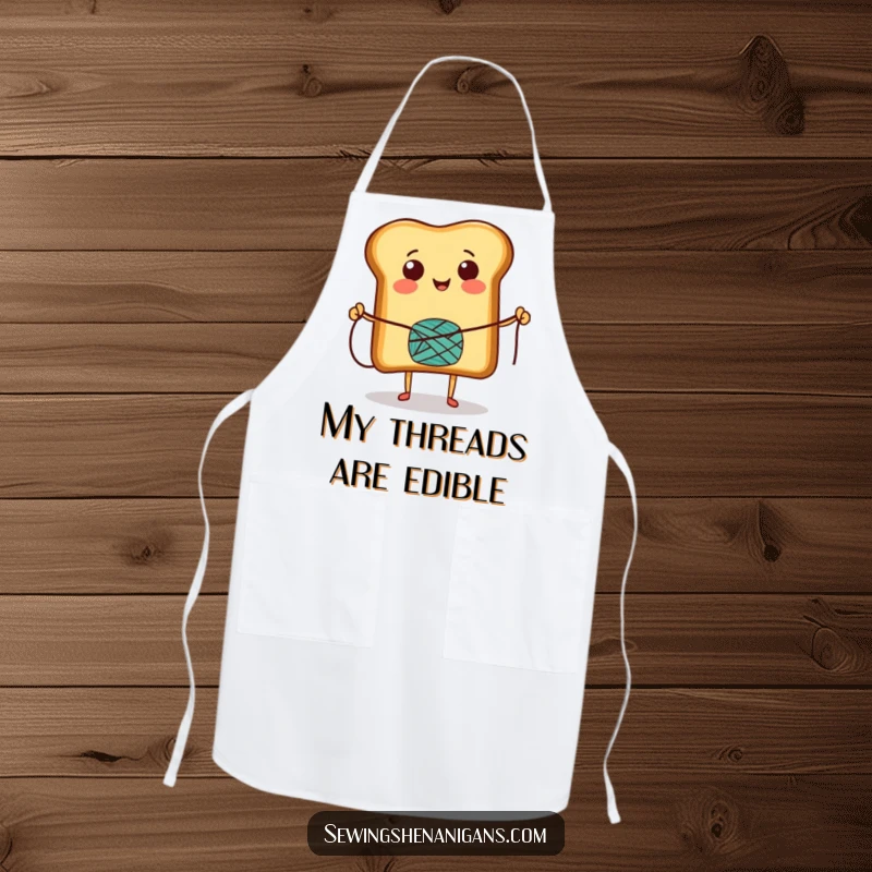 Funny Apron depicting a smiling toast character playfully skipping rope with a thread spool, adding a touch of humor to kitchen activities.