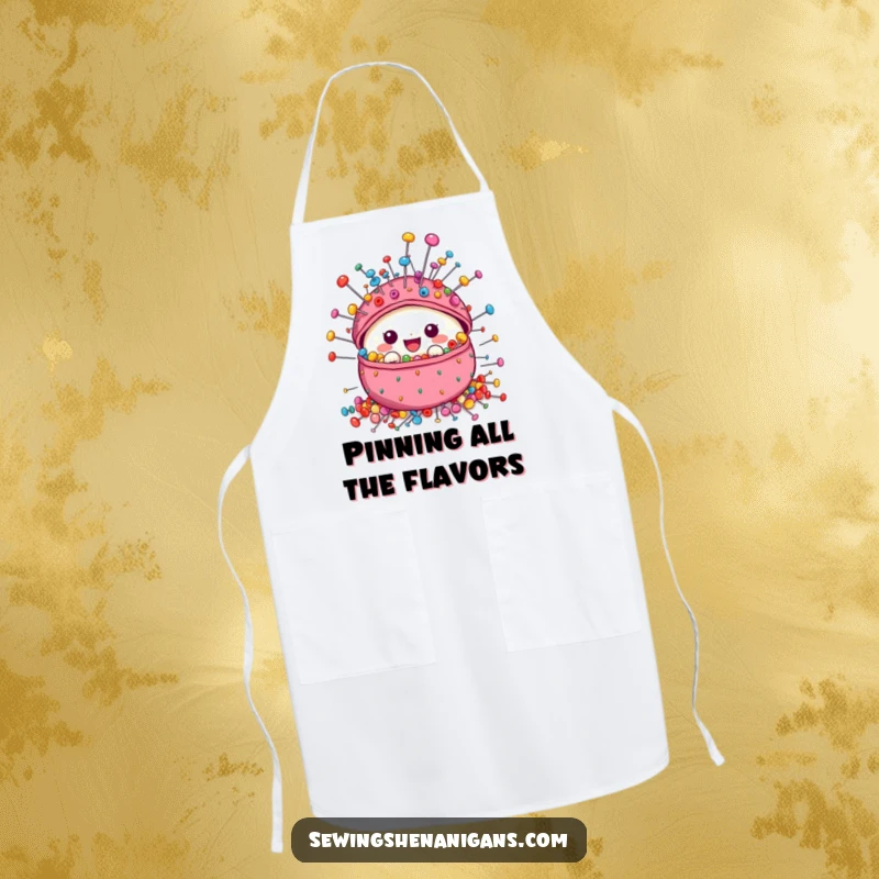 Funny Pincushion Apron showing a cute character loaded with colorful pins, perfect for protecting clothes while cooking or crafting.