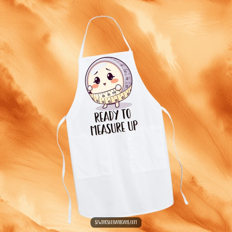 Funny Apron: A measuring tape character amusingly embracing a bewildered button, perfect for kitchen humor.