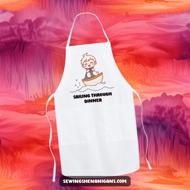 Funny apron showing a giggling character sailing a thimble boat, ideal for messy creative endeavors with a humorous twist.