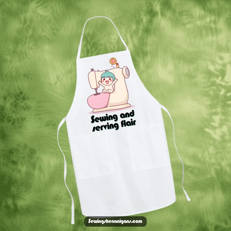 Funny, durable apron with a kawaii character bouncing a ball on a giant sewing machine, perfect for chefs.