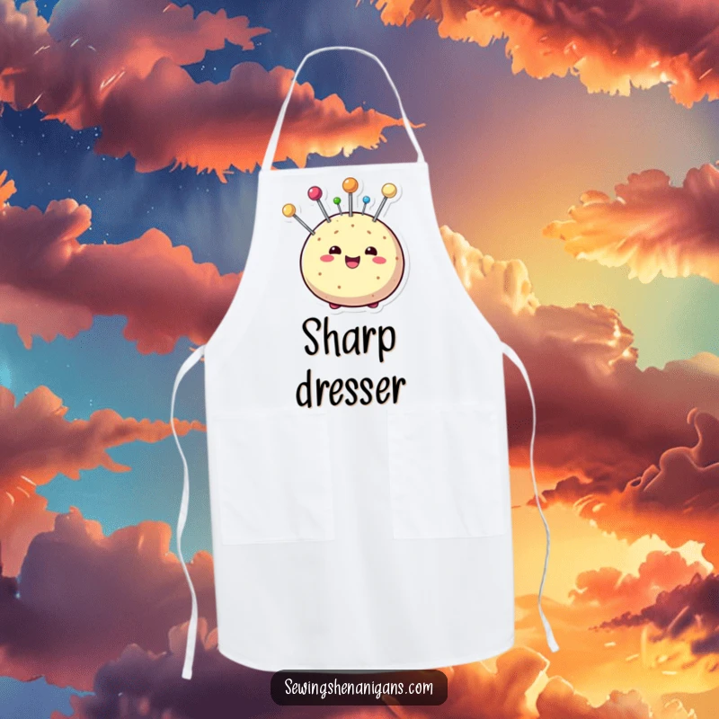 Funny apron showcasing a beaming pin cushion character with colorful pins, designed for sewists who appreciate humor and practicality.