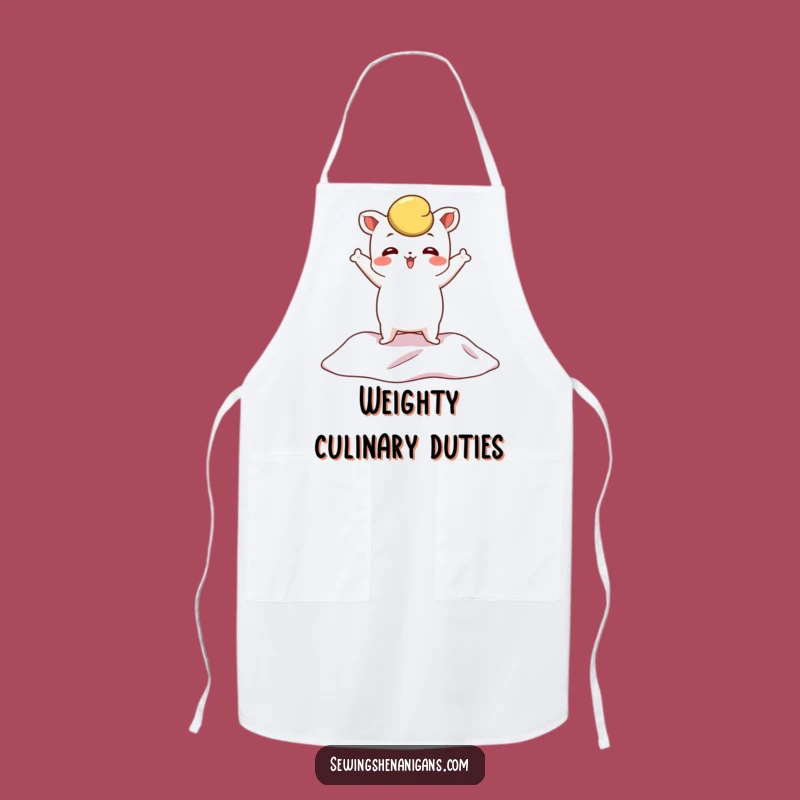 Funny Pattern Weight Apron: Whimsical Sewing Kitchen Gift for Crafters Posing Dramatically with Fabric