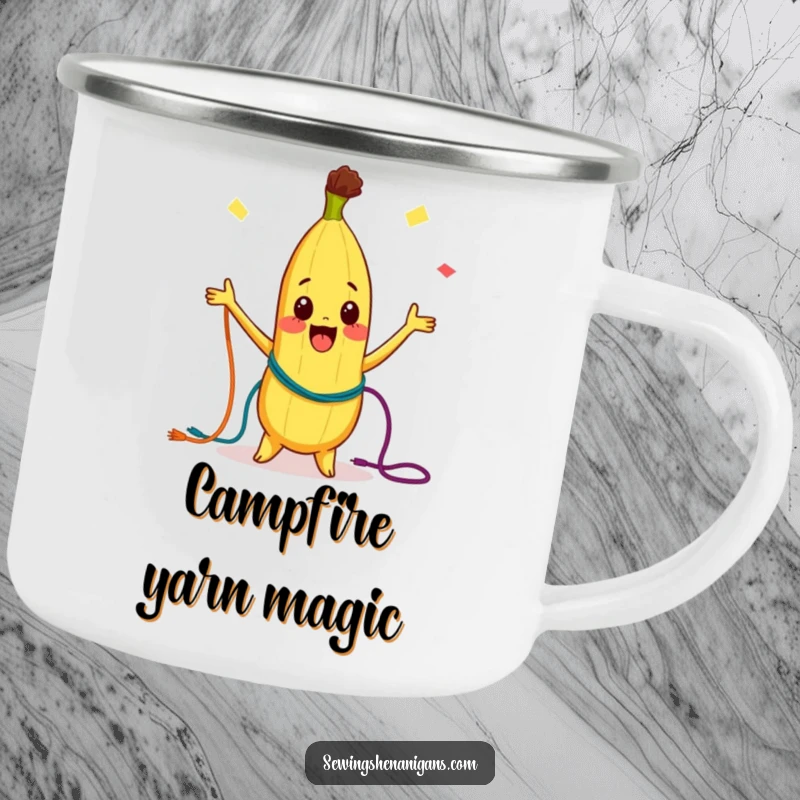 Funny Camping Mug: A curious banana character joyfully juggling colorful threads, ready for outdoor fun and spreading whimsical vibes.