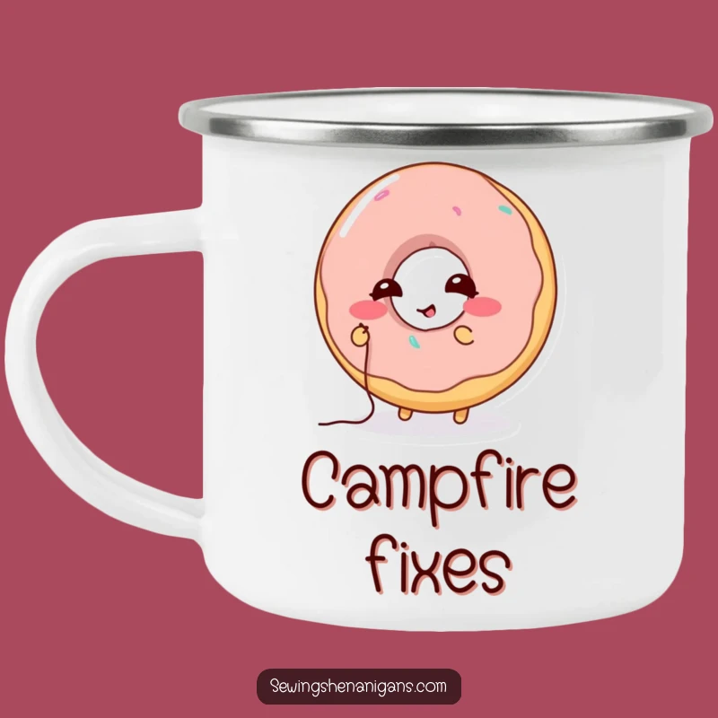 Funny Donut Stitching Camping Mug: Adventure Fuel with a Hilarious Twist