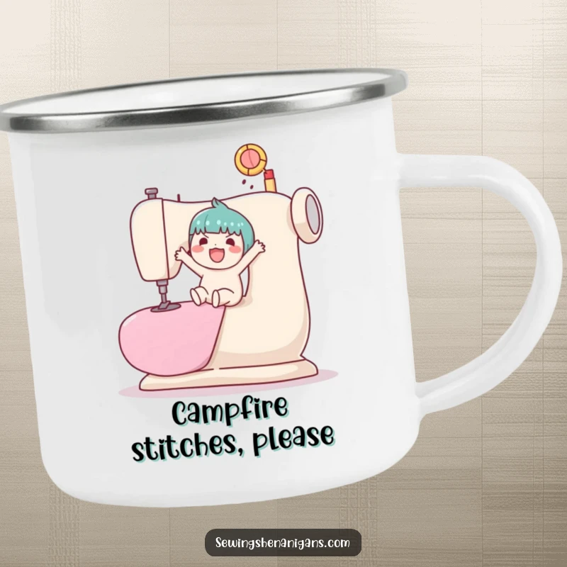 Funny, enamel camping mug depicting a kawaii character bouncing a ball on a giant sewing machine.