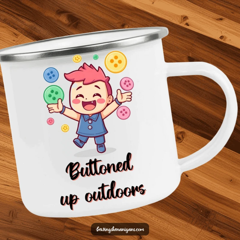 Funny camping mug showcasing a joyful character energetically juggling colorful sewing buttons, designed for outdoor enthusiasts.