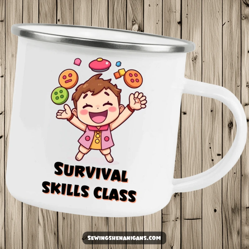 Funny camping mug featuring a happy character juggling colorful buttons, perfect for drinks anywhere with a touch of crafting humor.