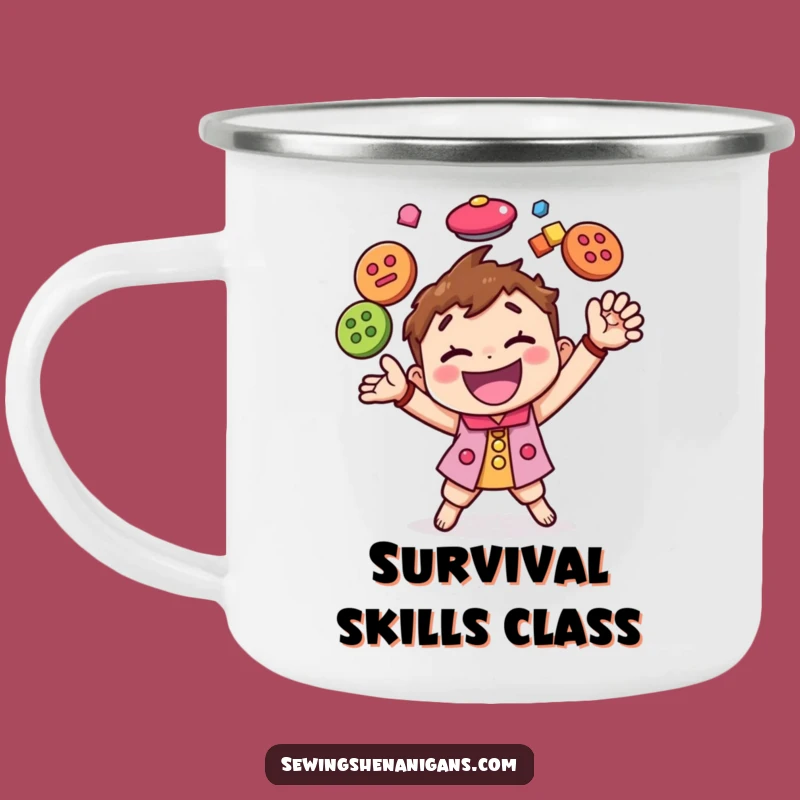 Funny Button Juggling Character Camping Mug, a Durable and Hilarious Gift for Outdoorsy Crafters