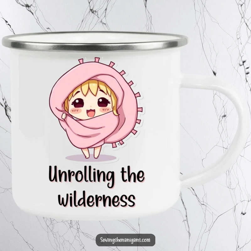 Funny camping mug with a curious fabric swatch character excitedly unfurling, perfect for outdoor use.