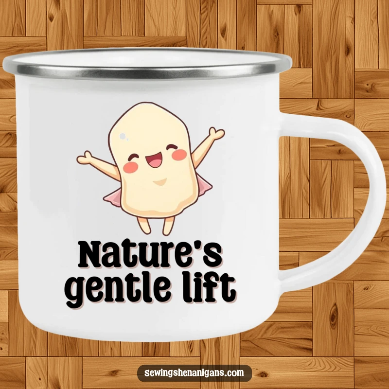 Funny camping mug: A delighted fabric scrap character fluttering happily in the wind, perfect for outdoor sipping and laughs.