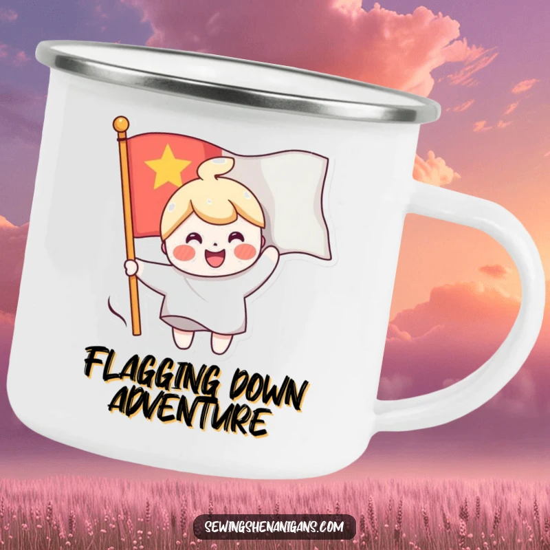 Funny camping mug showing a cheerful character sewing a smiling face onto a waving flag, perfect for drinks anywhere with a positive message.