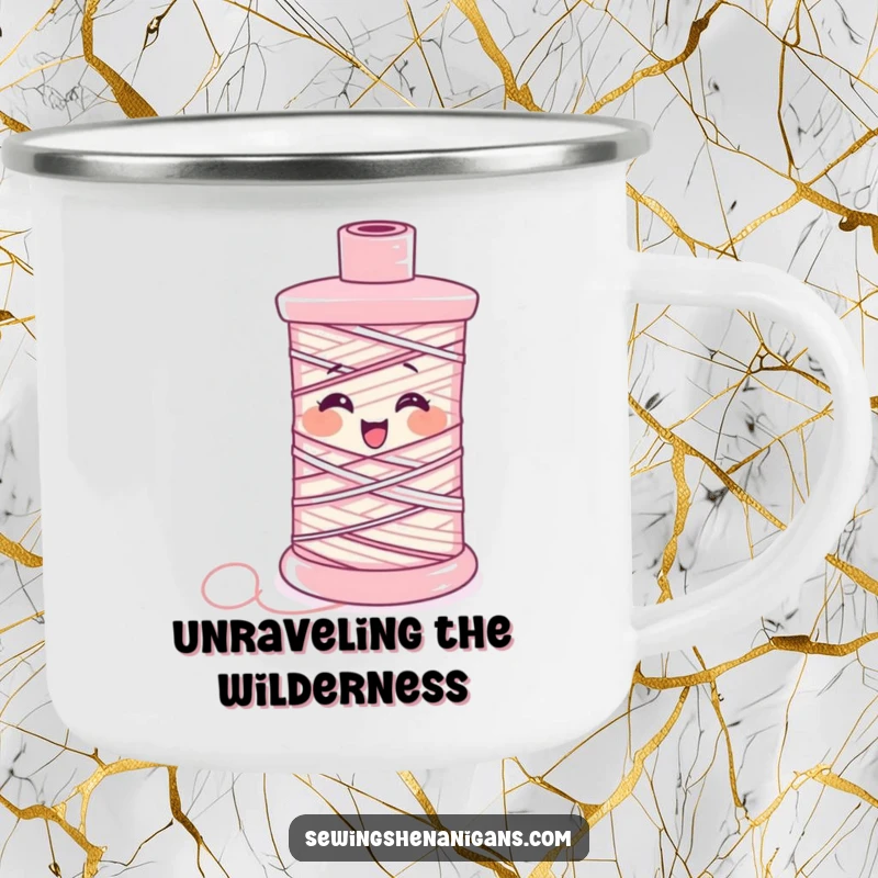 Funny Camping Mug: A spool of thread unravels, giggling uncontrollably, perfect for outdoor sewing enthusiasts.