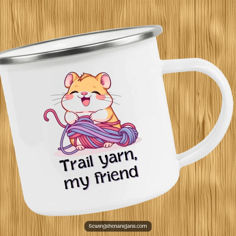Funny giggling hamster tangled in yarn, happily unravelling it, a durable and humorous camping mug.