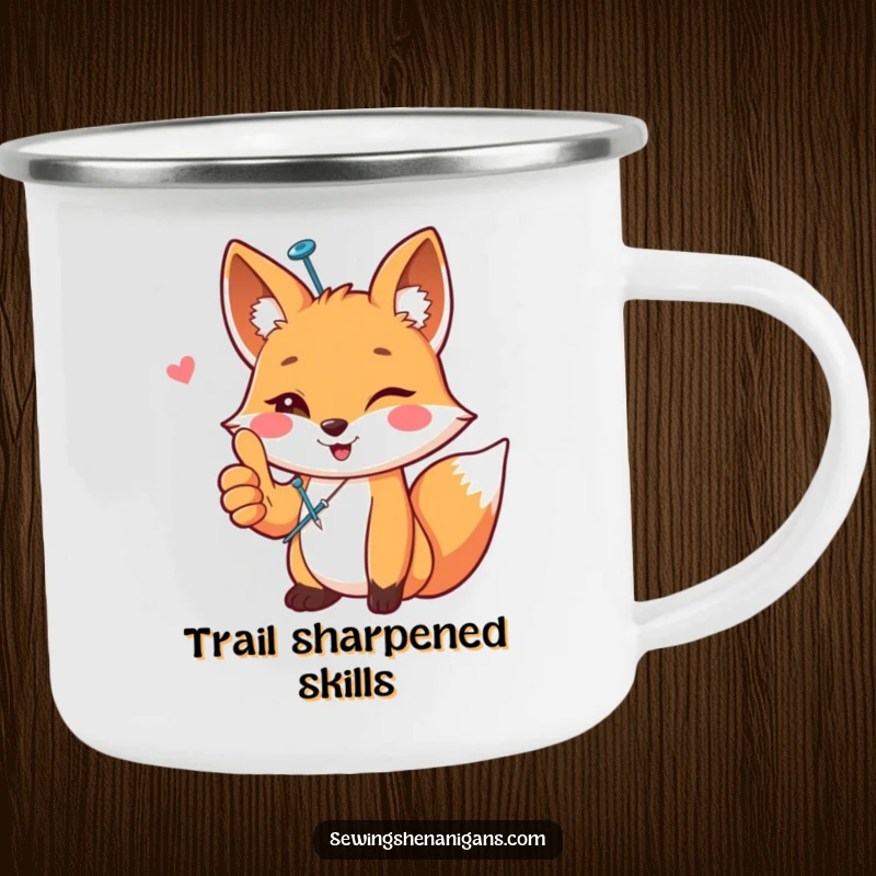 Funny happy fox with a sewing pin, giving a thumbs up, on a durable camping mug, ready for a funny crafty gift.