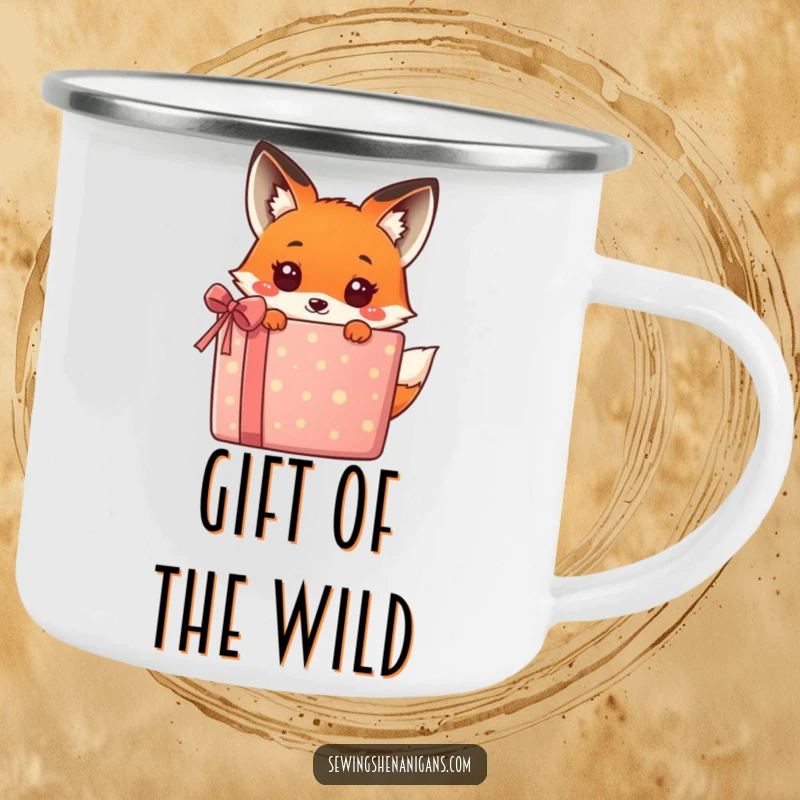 Funny kawaii fox peeking from behind a big gift, a humorous and adventurous design on this durable camping mug, great for travel.