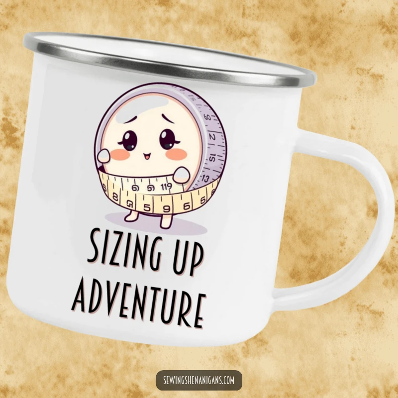 Funny Camping Mug: A measuring tape character humorously hugging a bewildered button, for outdoor fun.
