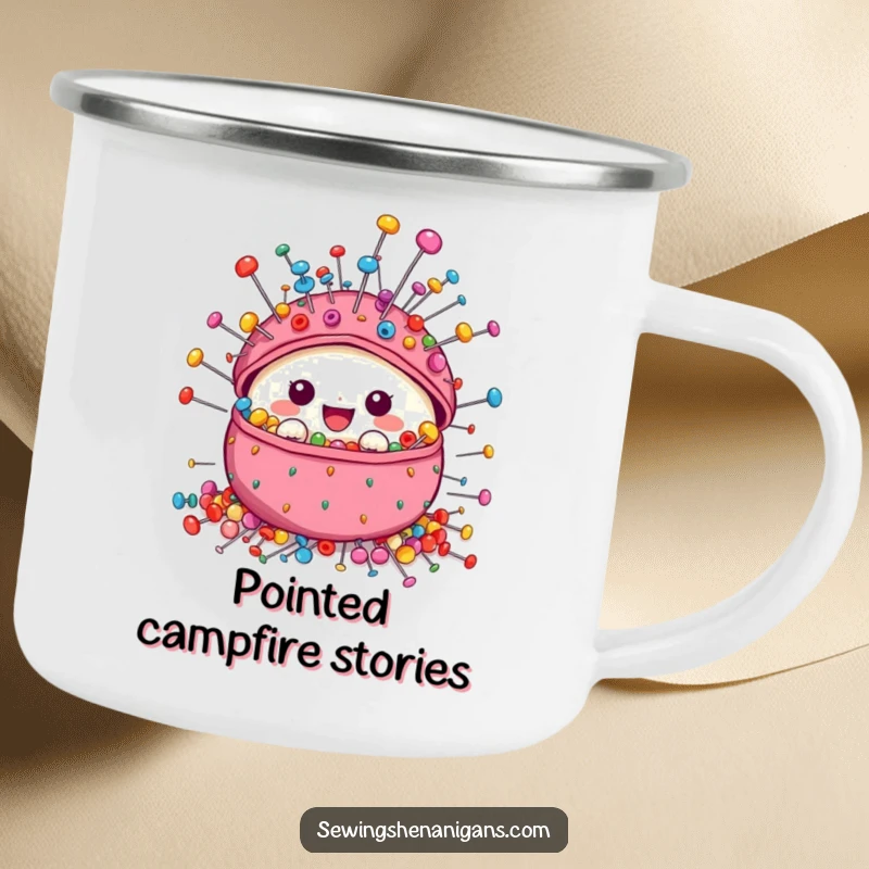 Funny Pincushion Camping Mug depicting a cute character overflowing with colorful pins, ideal for outdoor use and sewing enthusiasts.
