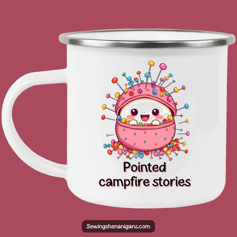 Funny Pincushion Camping Mug: Durable Sewing Gift for Crafters Enjoying Outdoors with Colorful Pins