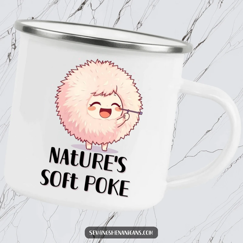 Funny camping mug featuring a joyful character playfully poking a pom-pom with a needle, perfect for drinks anywhere with crafting humor.
