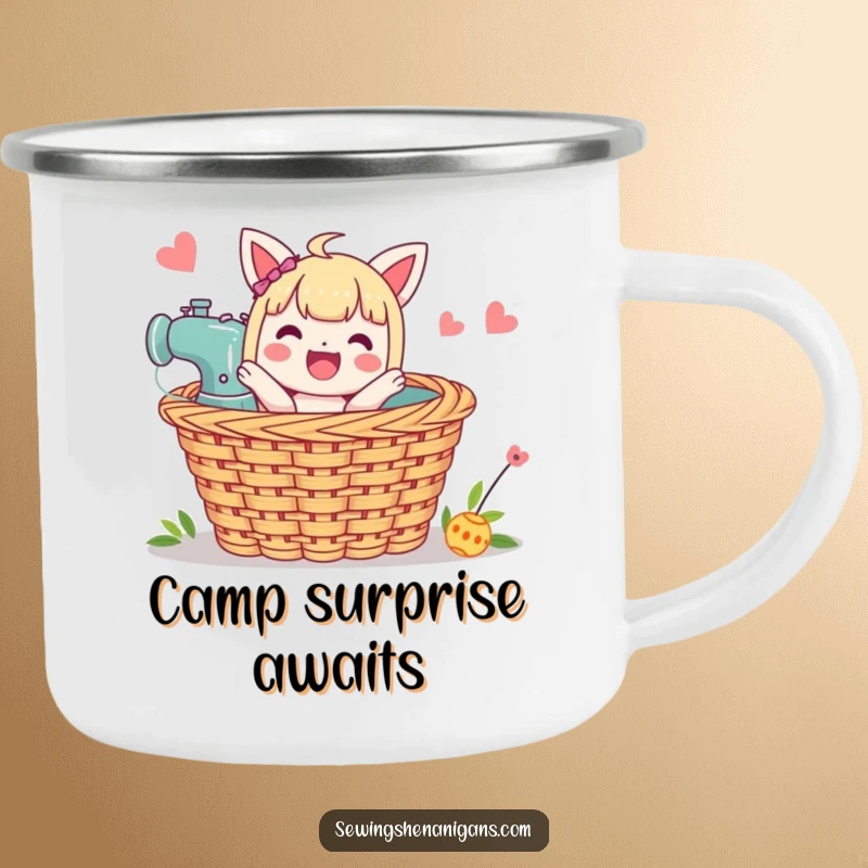 Funny Sewing Basket Camping Mug: A character pops from a sewing basket, perfect for enjoying drinks outdoors.