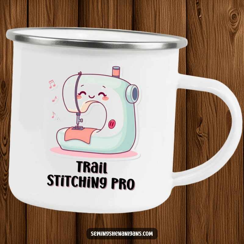 Funny camping mug showing a playful sewing machine character happily stitching and humming, perfect for sewers who enjoy outdoor activities.