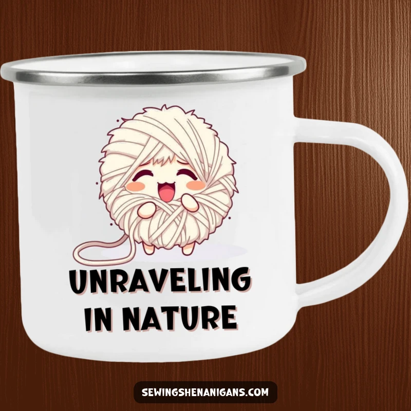 Funny camping mug featuring a fluffy yarn ball character comically unraveling into a mess, perfect for outdoor crafting and chuckles.