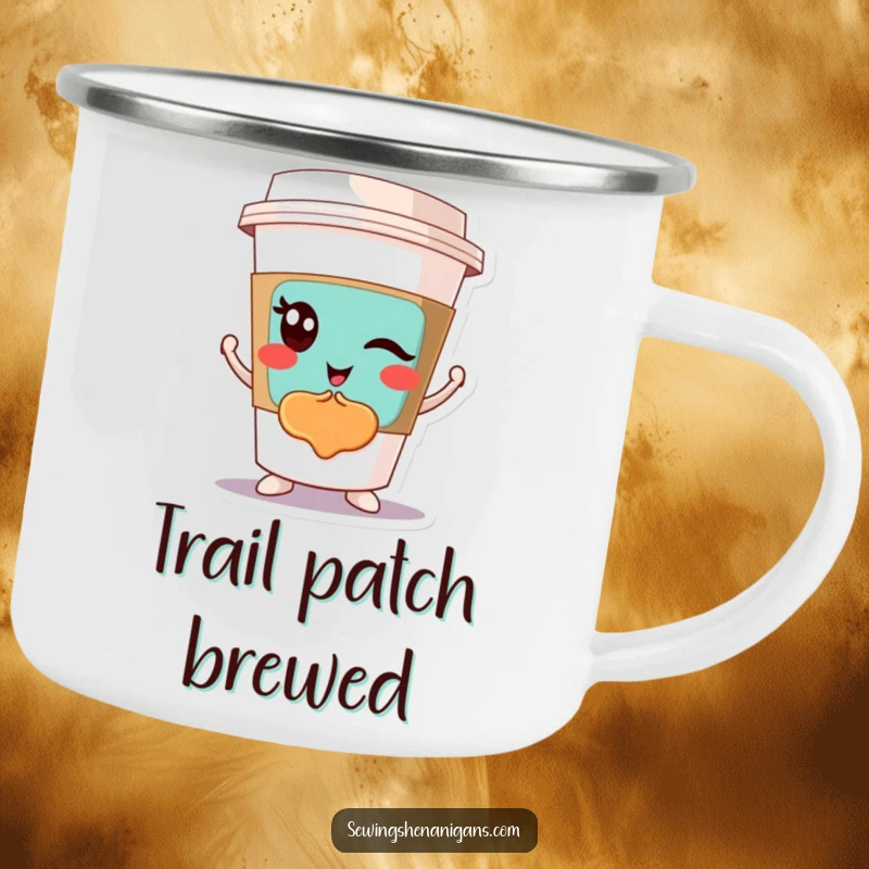 Funny Winking Coffee Cup Camping Mug: A winking coffee cup character displaying a patch, perfect for a funny outdoor adventure gift.