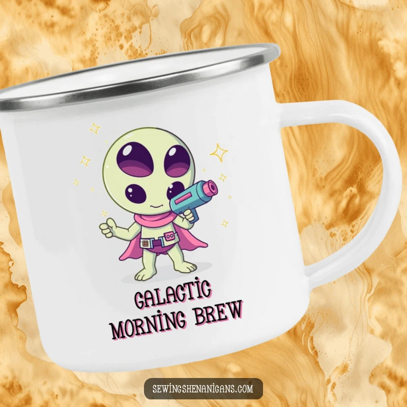 Funny kawaii alien waving a ray gun shooting sparkles, a humorous and adventurous design on this durable camping mug, great for travel.