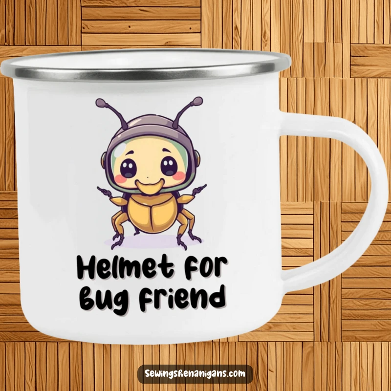 Funny camping mug featuring a bewildered beetle wearing a thimble as a helmet, perfect for outdoor fun and chuckles.