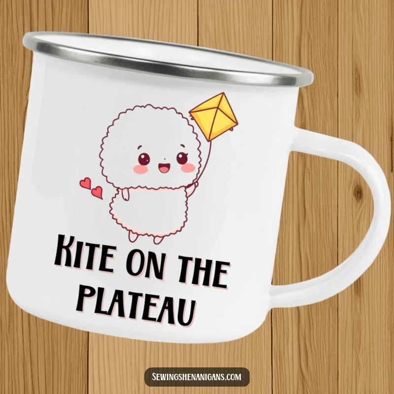 Funny Camping Mug: A happy pincushion flies a fabric scrap kite, perfect for outdoor crafting fun.
