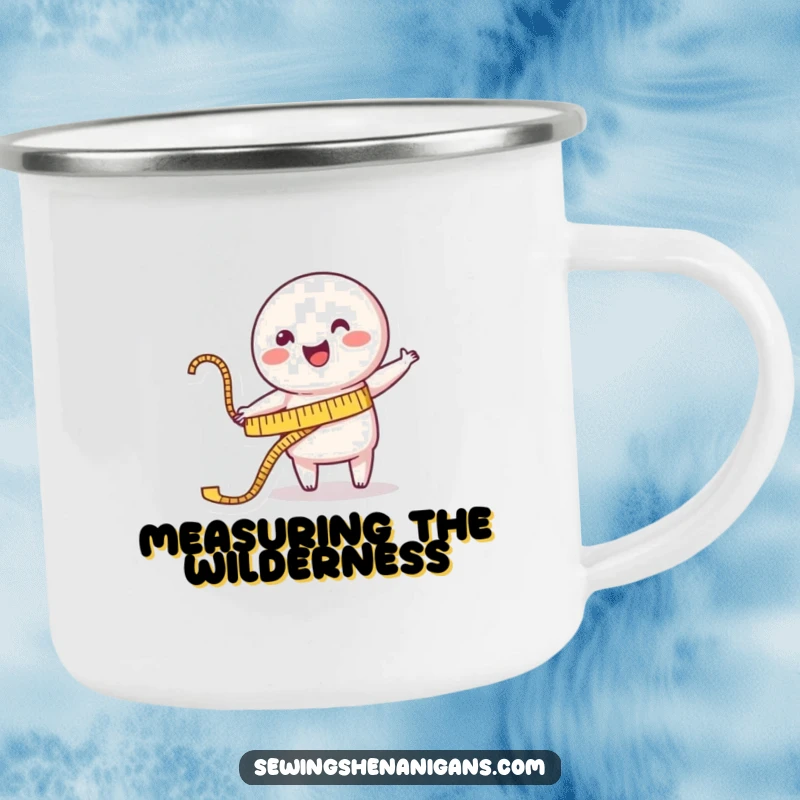 Funny Camping Mug: A happy measuring tape character cheerfully stretches towards a garment, perfect for enjoying drinks outdoors.