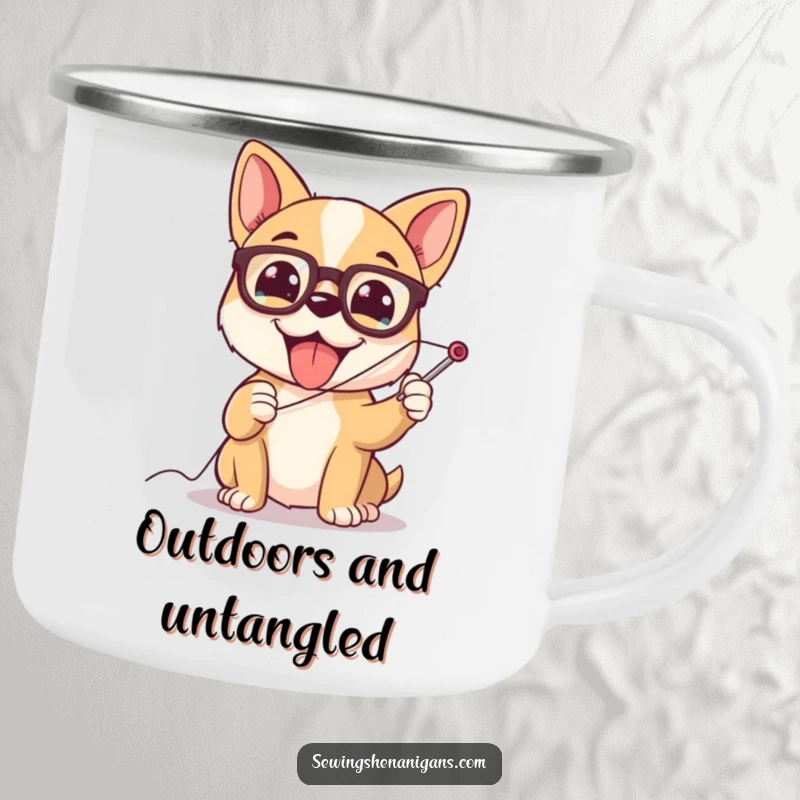 Funny dog wearing glasses, struggling to thread a giant needle, a durable and humorous camping mug.