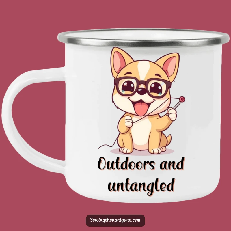 Funny Dog Sewing Camping Mug: Spectacled Pup, Durable & Humorous Outdoor Gift