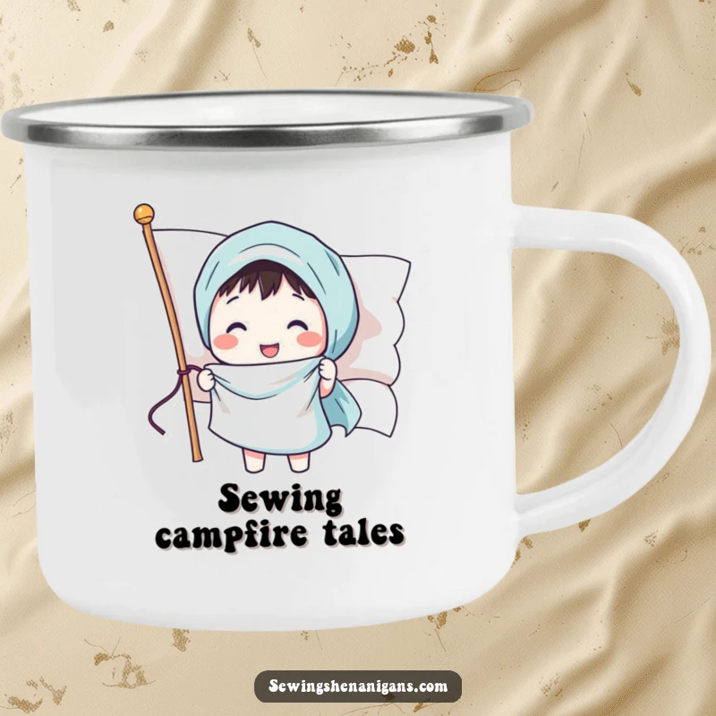 Funny camping mug showing a happy character sewing a smiling face onto a waving flag, designed for patriotic adventurers.