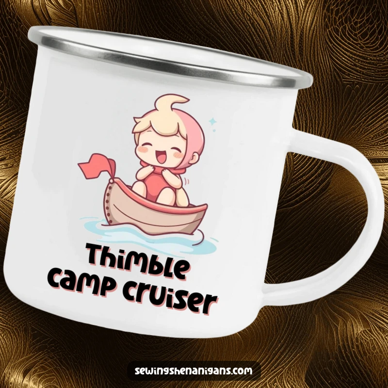 Funny camping mug with a laughing character sailing a thimble boat, perfect for adventurers who appreciate charming details.